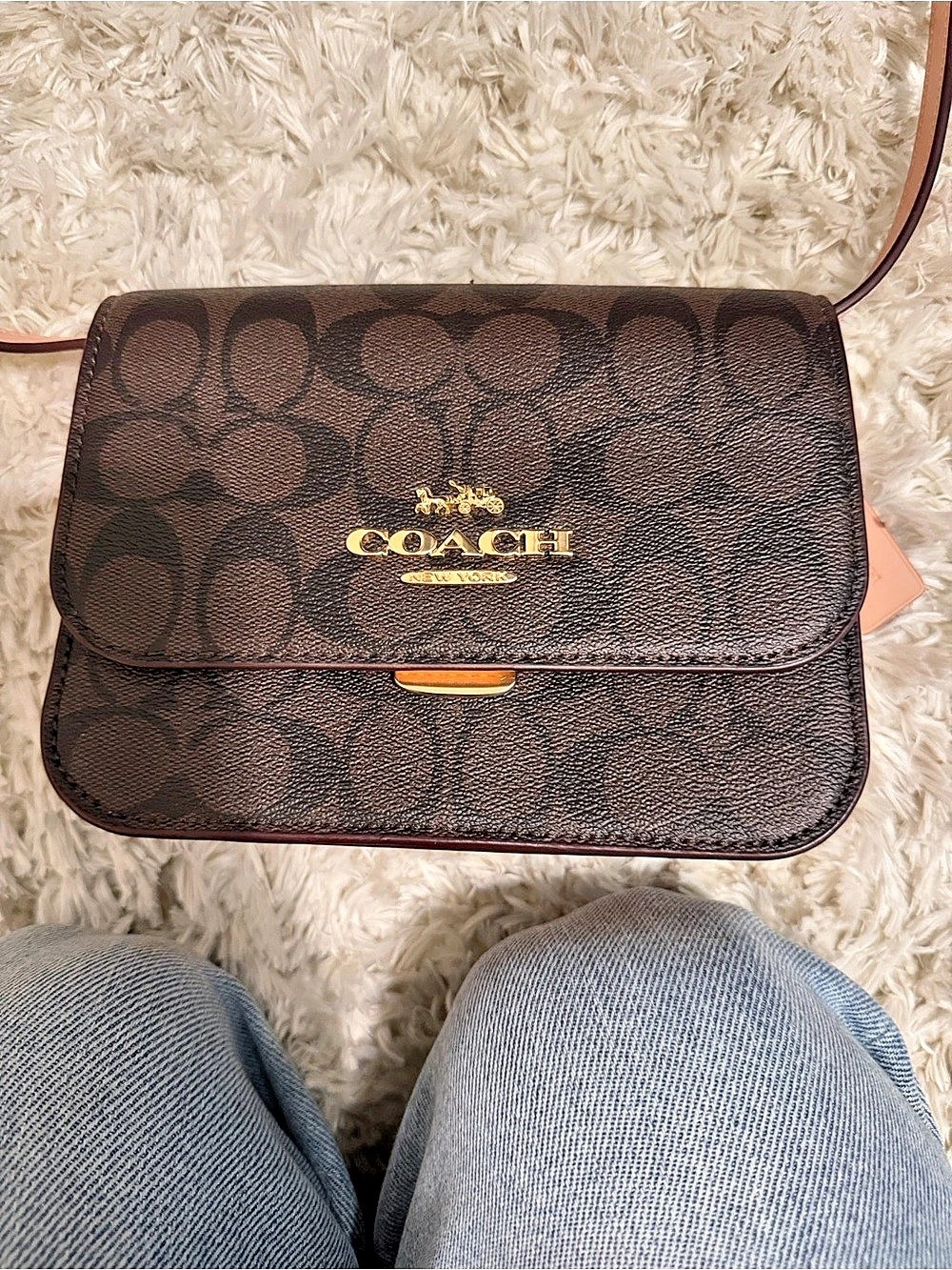 Coach Hutton Shoulder Bag In Signature Canvas Brown & Pink